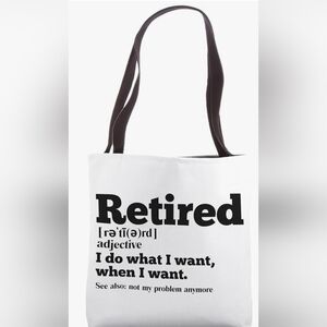 White Canvas-Like Fabric Tote Bag with Black Handles "Retired" NWOT 16" X 16"